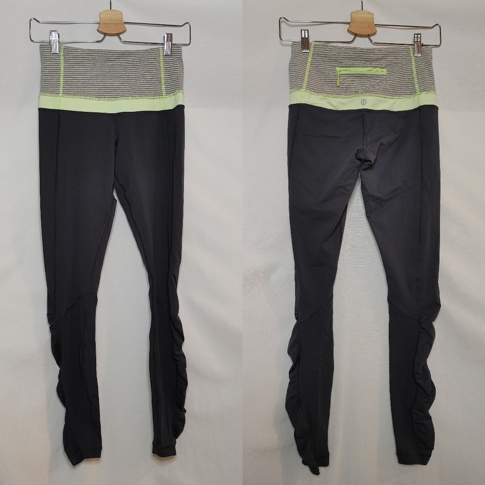 Lululemon Leggings Size 6 Full Length Ruched Legs Yellow Green Accents Stripes
